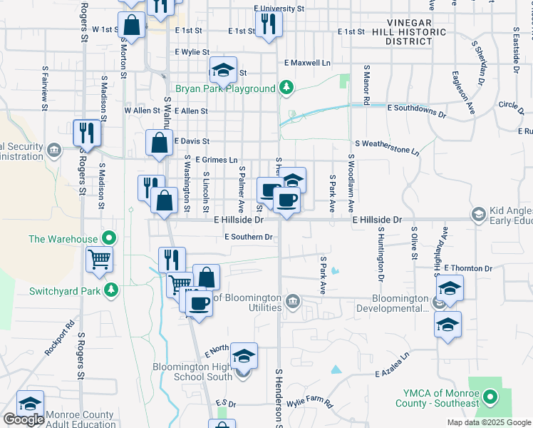 map of restaurants, bars, coffee shops, grocery stores, and more near 511 East Wilson Street in Bloomington