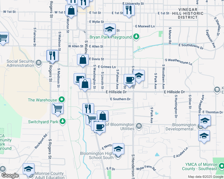 map of restaurants, bars, coffee shops, grocery stores, and more near 1316 South Grant Street in Bloomington