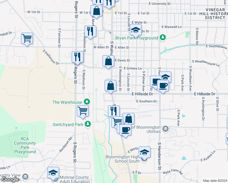 map of restaurants, bars, coffee shops, grocery stores, and more near 1315 South Walnut Street in Bloomington