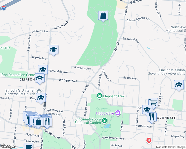 map of restaurants, bars, coffee shops, grocery stores, and more near 3691 Vine Street in Cincinnati