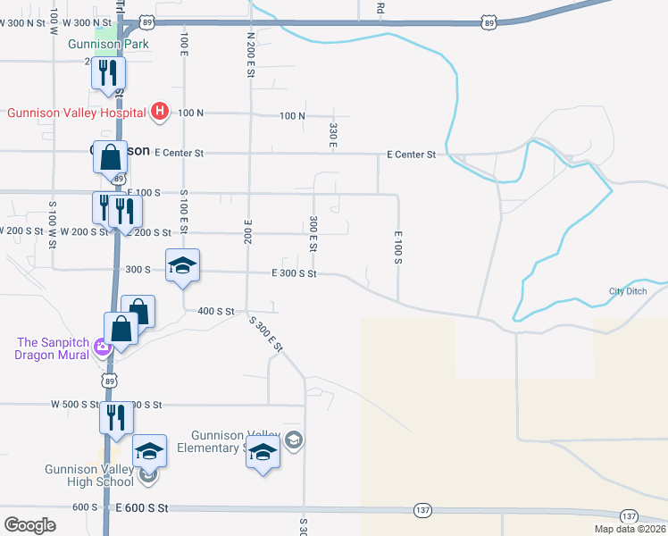 map of restaurants, bars, coffee shops, grocery stores, and more near 327 East 300 South Street in Gunnison