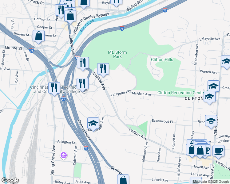 map of restaurants, bars, coffee shops, grocery stores, and more near 880 Lafayette Avenue in Cincinnati