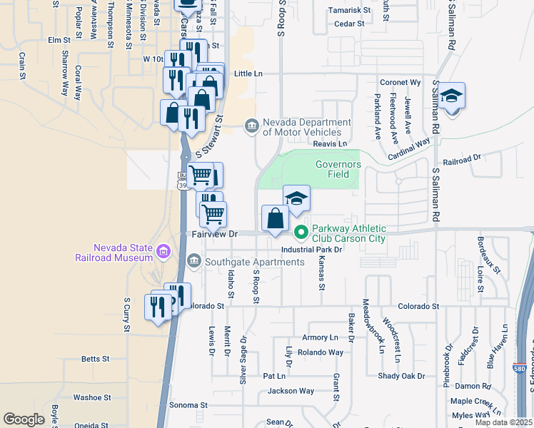 map of restaurants, bars, coffee shops, grocery stores, and more near 550 Mallory Road in Carson City