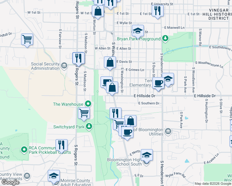 map of restaurants, bars, coffee shops, grocery stores, and more near 1315 South Walnut Street in Bloomington