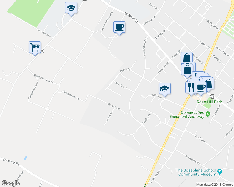 map of restaurants, bars, coffee shops, grocery stores, and more near Montgomery Court in Berryville
