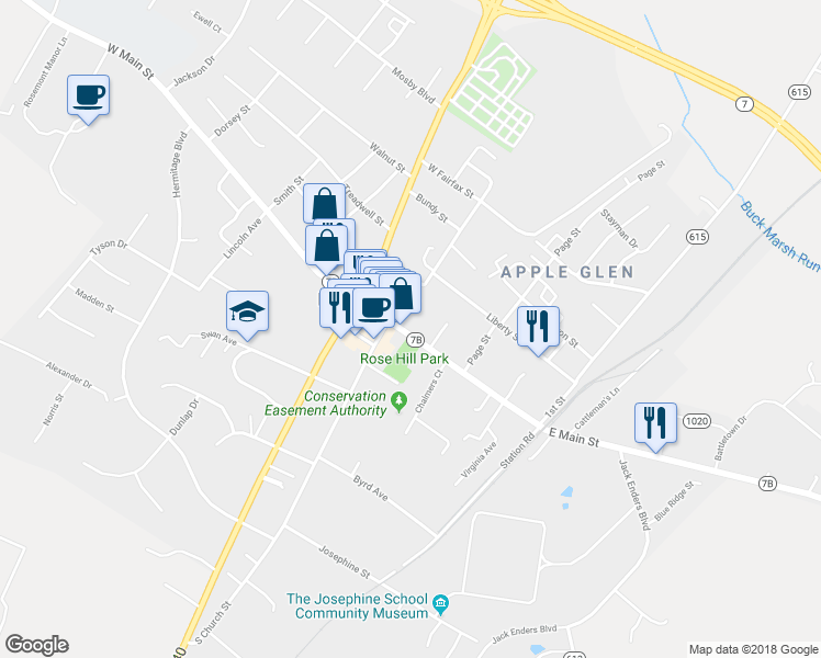 map of restaurants, bars, coffee shops, grocery stores, and more near 20 East Main Street in Berryville