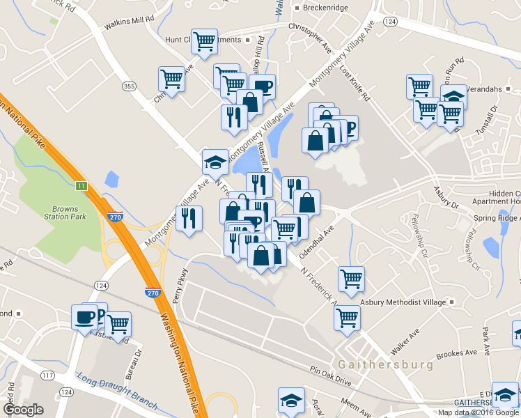 map of restaurants, bars, coffee shops, grocery stores, and more near 501 North Frederick Avenue in Gaithersburg