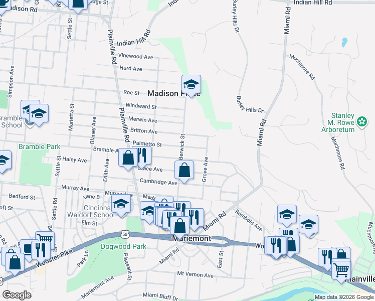 map of restaurants, bars, coffee shops, grocery stores, and more near 7000 Palmetto Street in Cincinnati