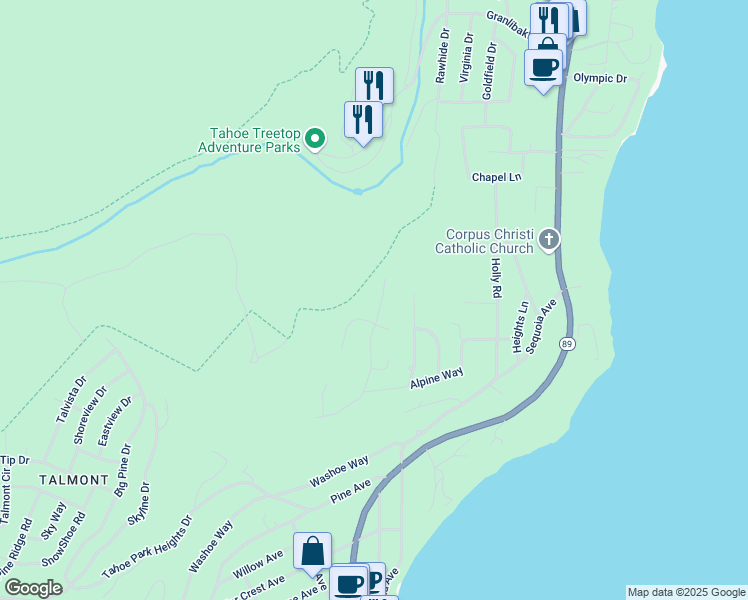 map of restaurants, bars, coffee shops, grocery stores, and more near 408 Tahoe Woods Boulevard in Tahoe City