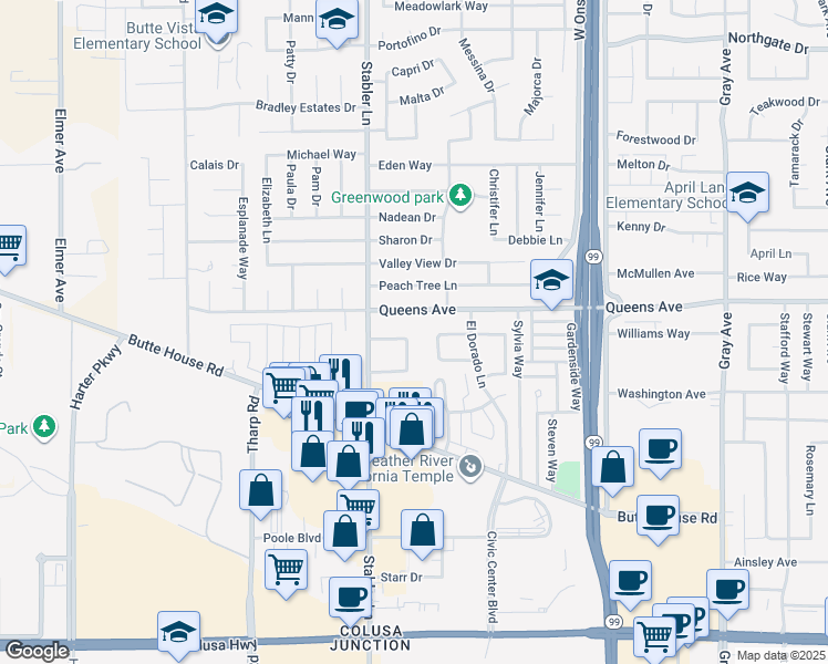 map of restaurants, bars, coffee shops, grocery stores, and more near 1576 Heather Drive in Yuba City