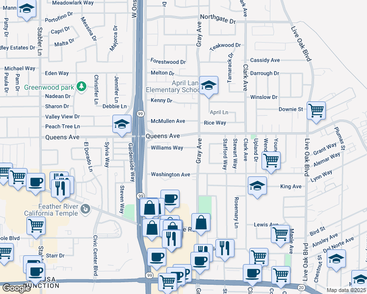 map of restaurants, bars, coffee shops, grocery stores, and more near 1180 Queens Avenue in Yuba City