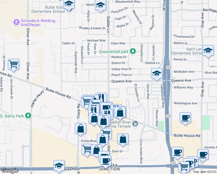 map of restaurants, bars, coffee shops, grocery stores, and more near 1590 Queens Avenue in Yuba City