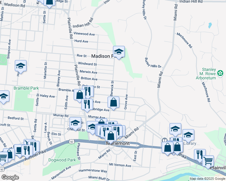 map of restaurants, bars, coffee shops, grocery stores, and more near 7004 Palmetto Street in Cincinnati