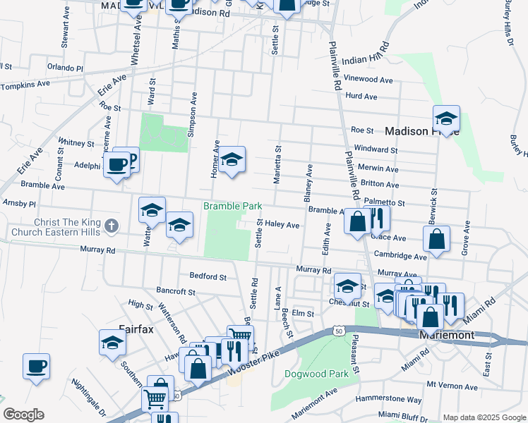 map of restaurants, bars, coffee shops, grocery stores, and more near 6504 Bramble Avenue in Cincinnati