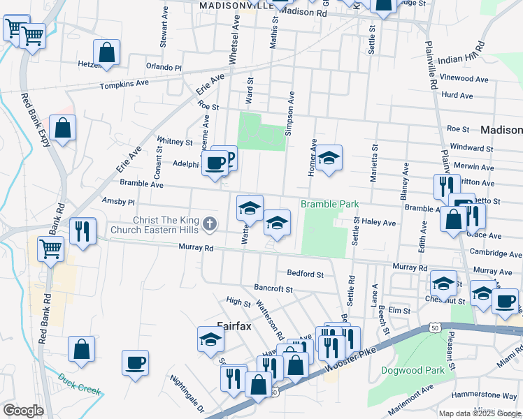 map of restaurants, bars, coffee shops, grocery stores, and more near 6109 Bramble Avenue in Cincinnati