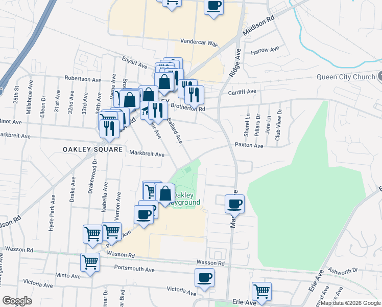 map of restaurants, bars, coffee shops, grocery stores, and more near 4010 Ballard Avenue in Cincinnati