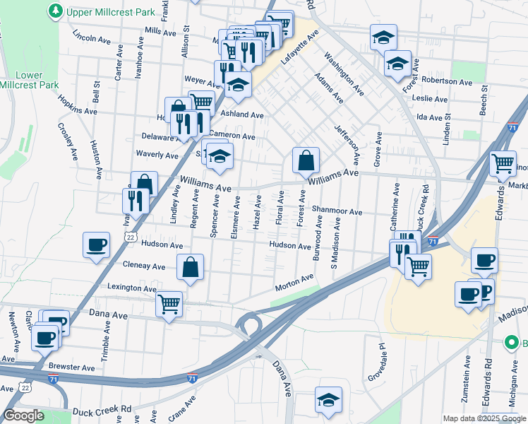 map of restaurants, bars, coffee shops, grocery stores, and more near 4007 Floral Avenue in Cincinnati