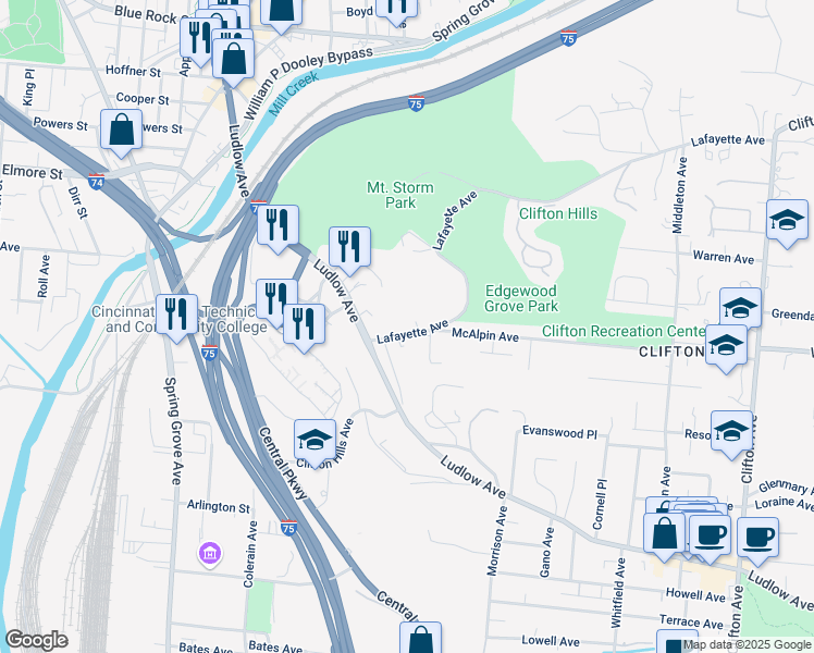 map of restaurants, bars, coffee shops, grocery stores, and more near 900 Rue De La Paix in Cincinnati