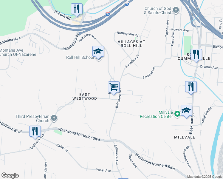 map of restaurants, bars, coffee shops, grocery stores, and more near 2355 Baltimore Avenue in Cincinnati