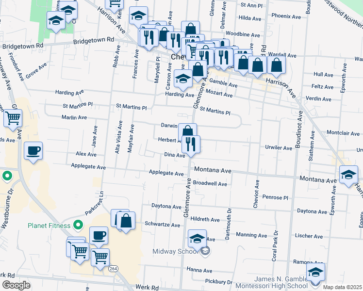 map of restaurants, bars, coffee shops, grocery stores, and more near 3728 Herbert Avenue in Cheviot