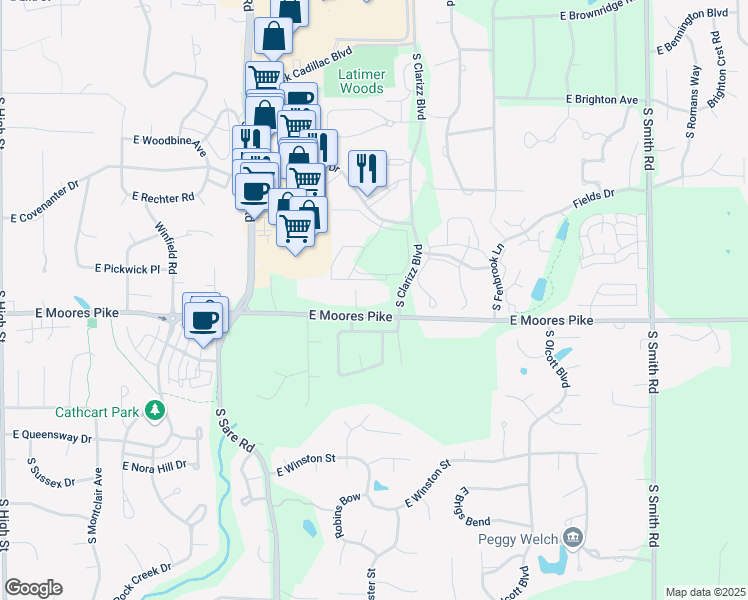 map of restaurants, bars, coffee shops, grocery stores, and more near 3211 East Moores Pike in Bloomington