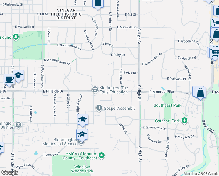 map of restaurants, bars, coffee shops, grocery stores, and more near 1325 South Longwood Drive in Bloomington