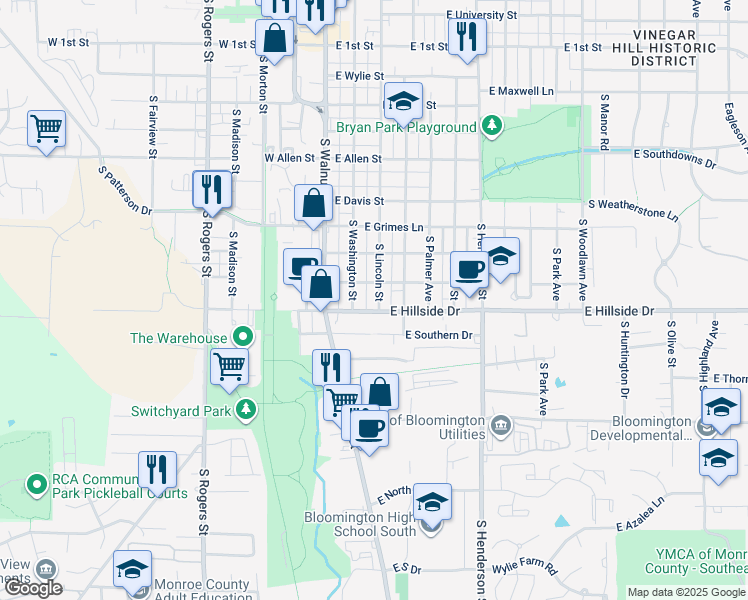 map of restaurants, bars, coffee shops, grocery stores, and more near 1407 South Washington Street in Bloomington