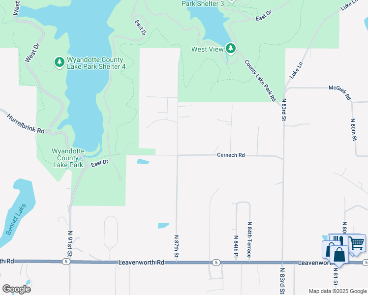 map of restaurants, bars, coffee shops, grocery stores, and more near 8614 Cernech Road in Kansas City