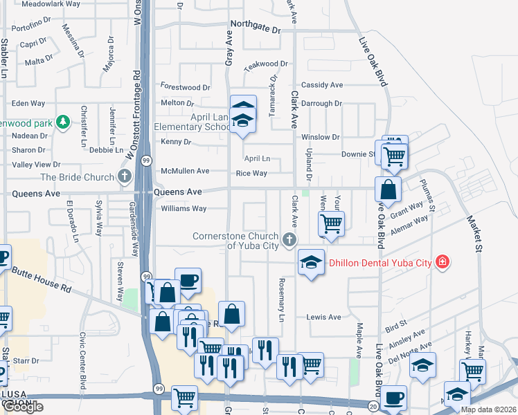 map of restaurants, bars, coffee shops, grocery stores, and more near 794 Regent Loop in Yuba City