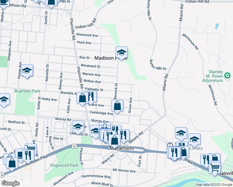 map of restaurants, bars, coffee shops, grocery stores, and more near 7004 Palmetto Street in Cincinnati