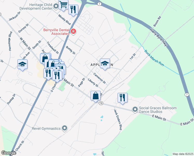 map of restaurants, bars, coffee shops, grocery stores, and more near 243 Cameron Street in Berryville