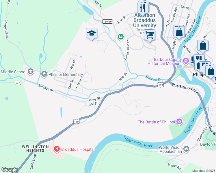 map of restaurants, bars, coffee shops, grocery stores, and more near 67 John St in Philippi