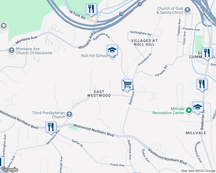 map of restaurants, bars, coffee shops, grocery stores, and more near 2355 Henrianne Court in Cincinnati