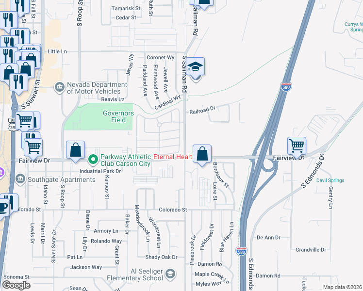 map of restaurants, bars, coffee shops, grocery stores, and more near 1332 Partridge Drive in Carson City