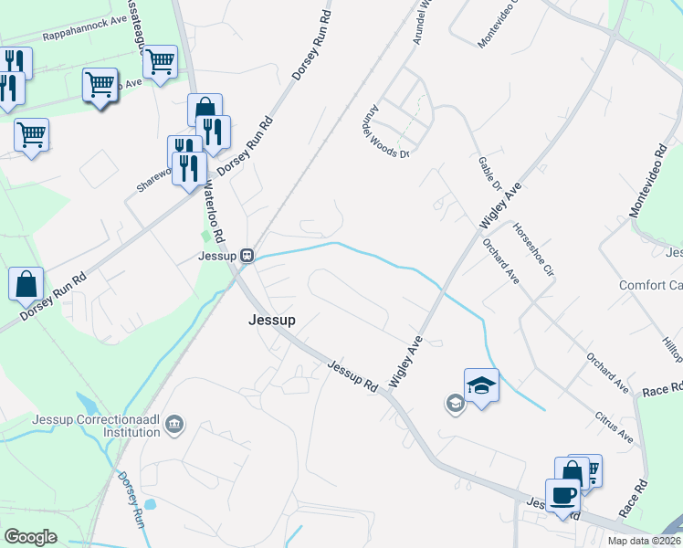 map of restaurants, bars, coffee shops, grocery stores, and more near 2383 Terrapin Crossing in Jessup