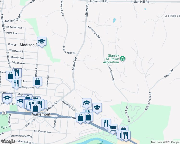 map of restaurants, bars, coffee shops, grocery stores, and more near 7777 Tecumseh Trail in Cincinnati