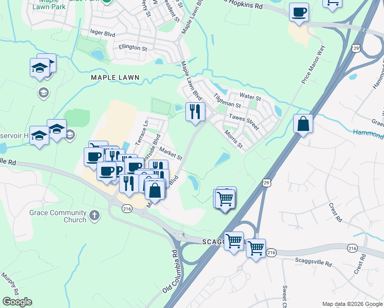 map of restaurants, bars, coffee shops, grocery stores, and more near 8135 Maple Lawn Boulevard in Fulton
