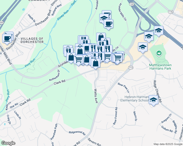 map of restaurants, bars, coffee shops, grocery stores, and more near 1520 Burnell Drive in Hanover