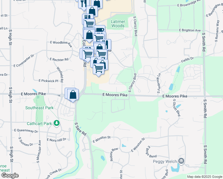 map of restaurants, bars, coffee shops, grocery stores, and more near 3203 East Moores Pike in Bloomington