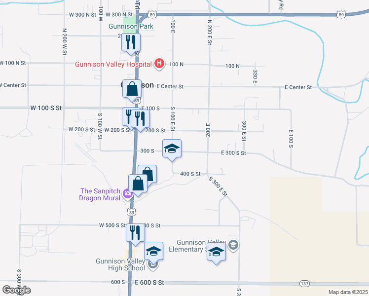 map of restaurants, bars, coffee shops, grocery stores, and more near 211 South 100 East Street in Gunnison