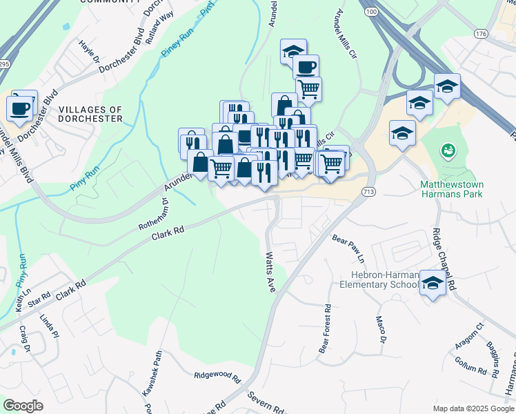 map of restaurants, bars, coffee shops, grocery stores, and more near 1520 Burnell Drive in Hanover