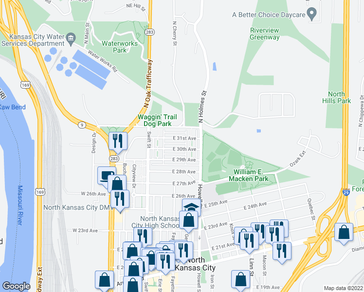 map of restaurants, bars, coffee shops, grocery stores, and more near 510 E 30th Ave in Kansas City