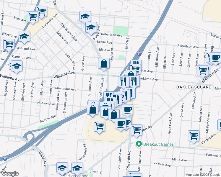 map of restaurants, bars, coffee shops, grocery stores, and more near 6020 Smith Road in Cincinnati