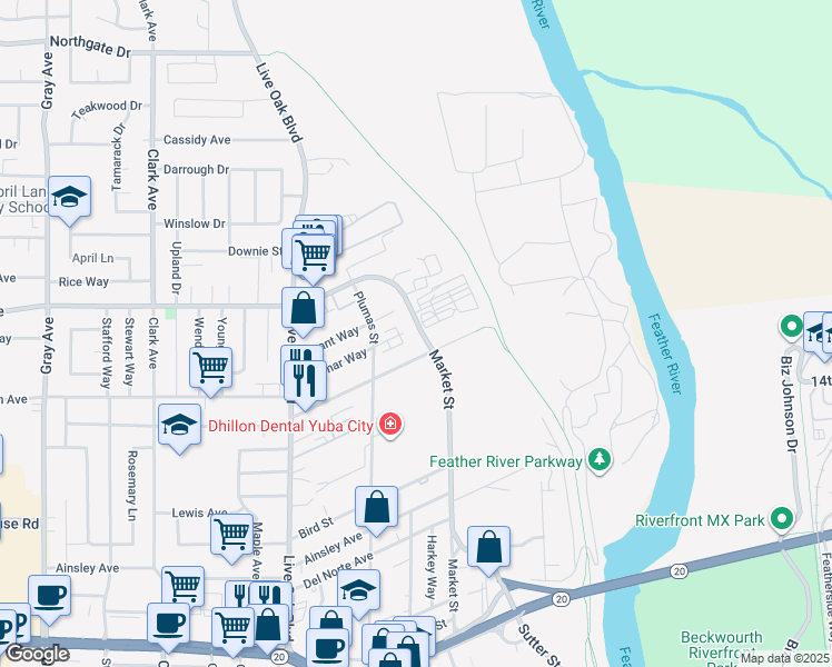 map of restaurants, bars, coffee shops, grocery stores, and more near 1449 Market Street in Yuba City