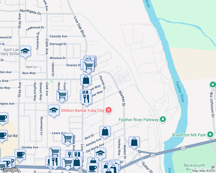 map of restaurants, bars, coffee shops, grocery stores, and more near 380 Grant Way in Yuba City