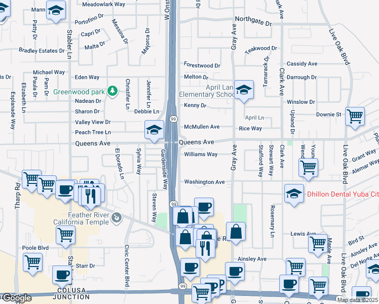 map of restaurants, bars, coffee shops, grocery stores, and more near 1258 Queens Avenue in Yuba City