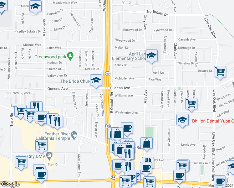 map of restaurants, bars, coffee shops, grocery stores, and more near 1258 Queens Avenue in Yuba City