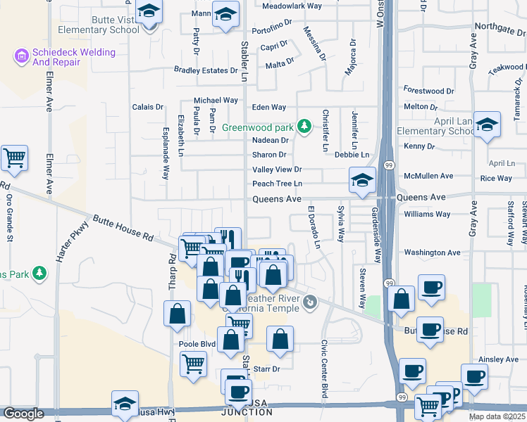 map of restaurants, bars, coffee shops, grocery stores, and more near 1550 Queens Avenue in Yuba City