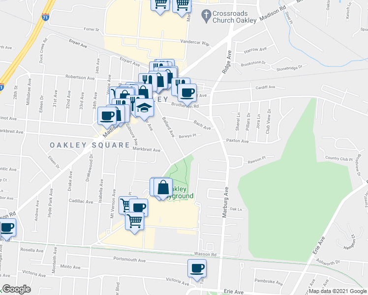 map of restaurants, bars, coffee shops, grocery stores, and more near 4010 Ballard Avenue in Cincinnati