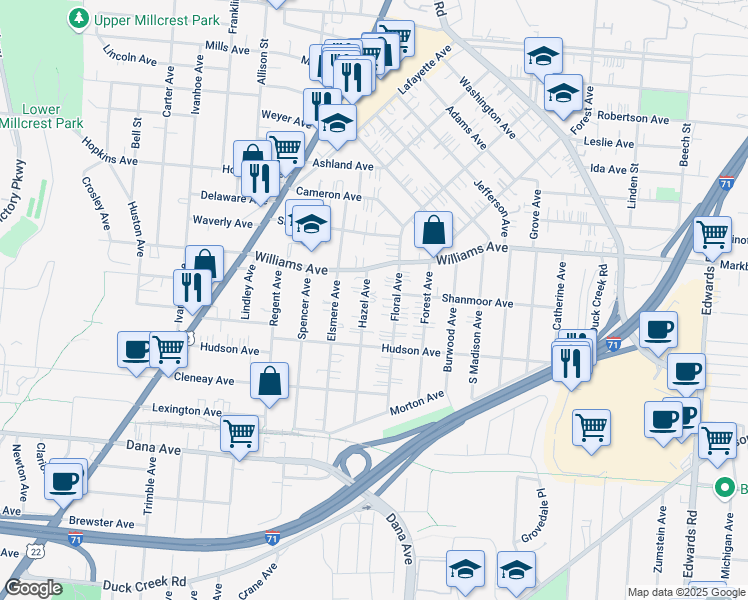 map of restaurants, bars, coffee shops, grocery stores, and more near 4007 Floral Avenue in Cincinnati